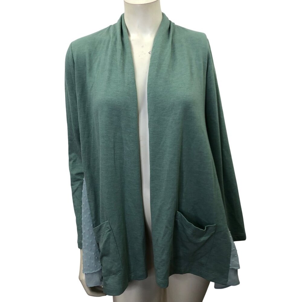 Logo Lounge Open Front Cardigan Swiss Dot Trim layered hem & Pockets XXS‎